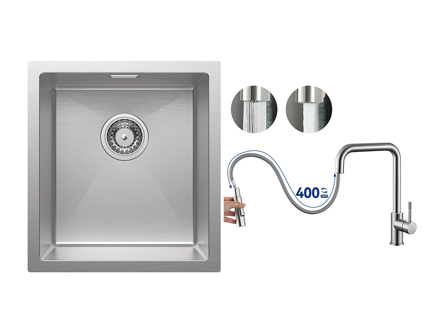 Cecipa MAX Évier de Cuisine 1 Bac 40x44x19 cm Évier Inox Brossé + Mitigeur avec Douchette Extractible, Brossé