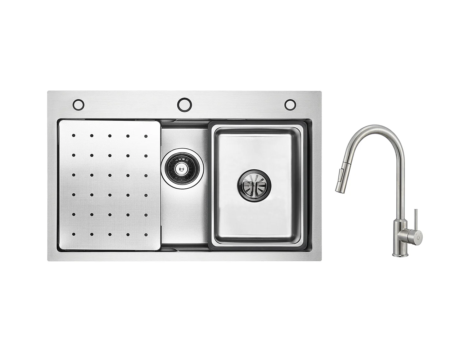 Cecipa max Évier Inox 70×45×21.5CM avec Egouttoir, Vasque et Distributeur de Savon + Mitigeur avec Douchette Extractible 2 Modes de Sortie D'eau