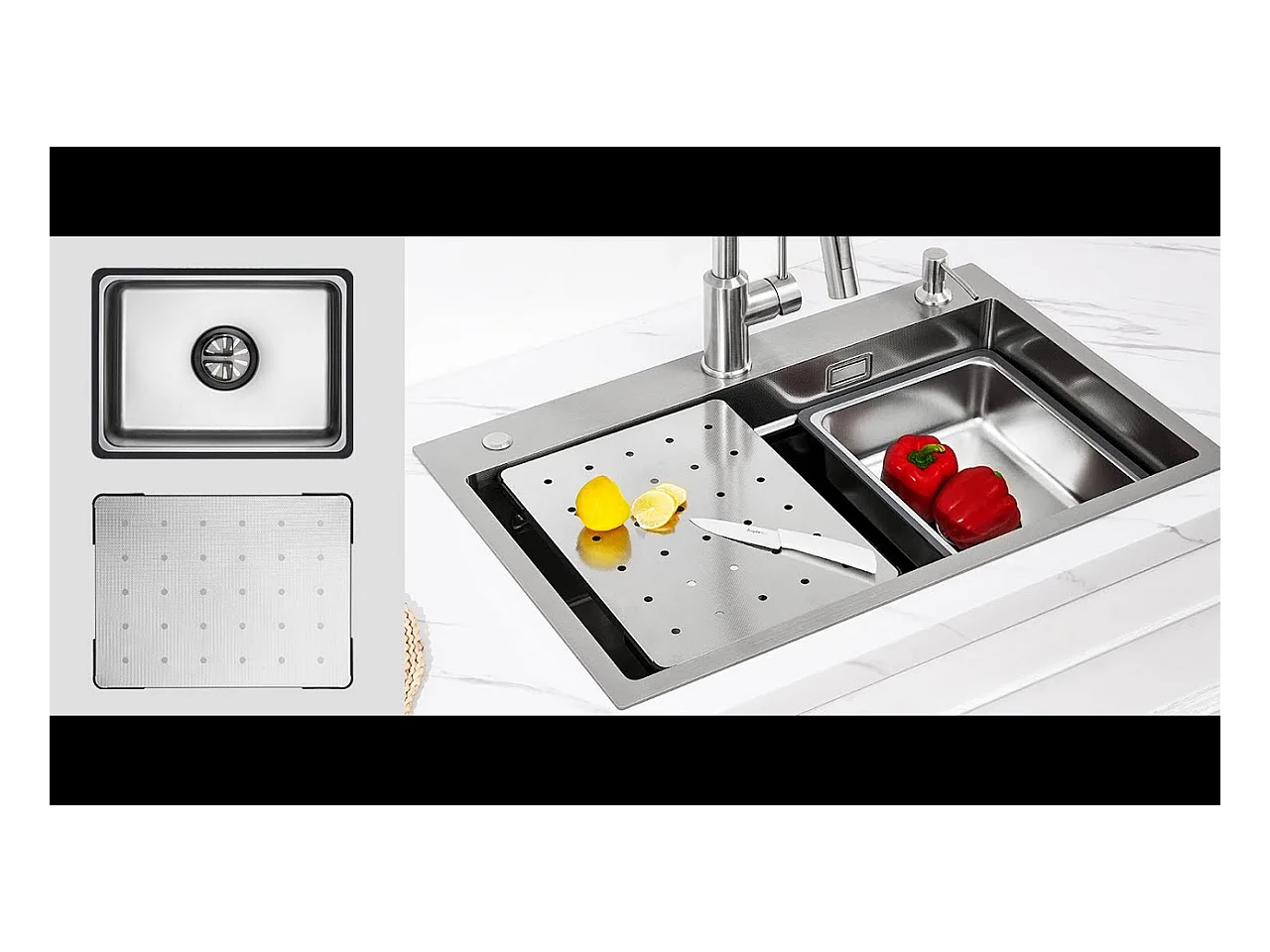 Cecipa max roestvrijstalen spoelbak 70×45×21,5CM met afdruiprek, wastafel en zeepdispenser + mengkraan met uittrekbare spray 2 waterafvoermodi