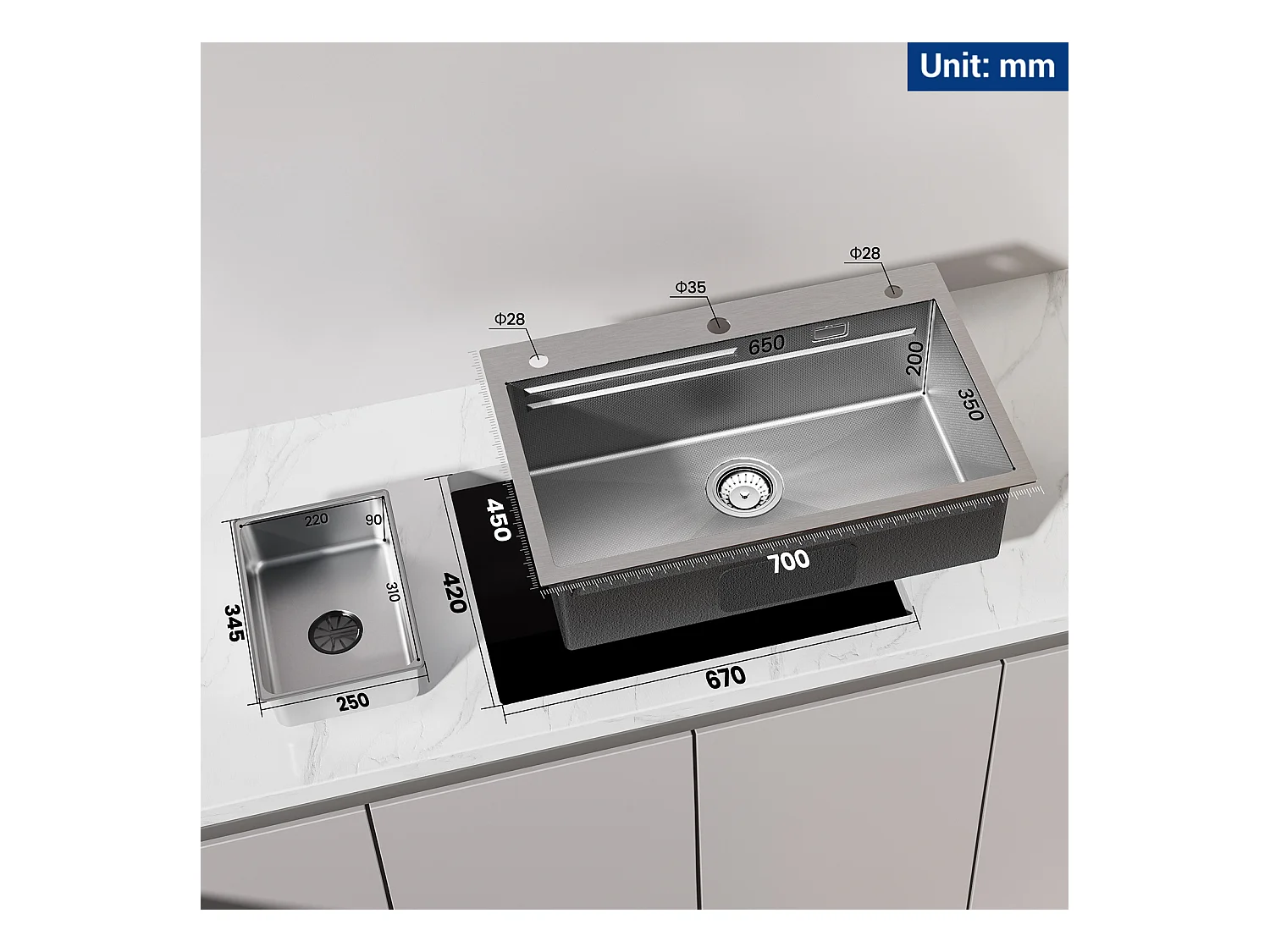 Cecipa max roestvrijstalen spoelbak 70×45×21,5CM met afdruiprek, wastafel en zeepdispenser + mengkraan met uittrekbare spray 2 waterafvoermodi