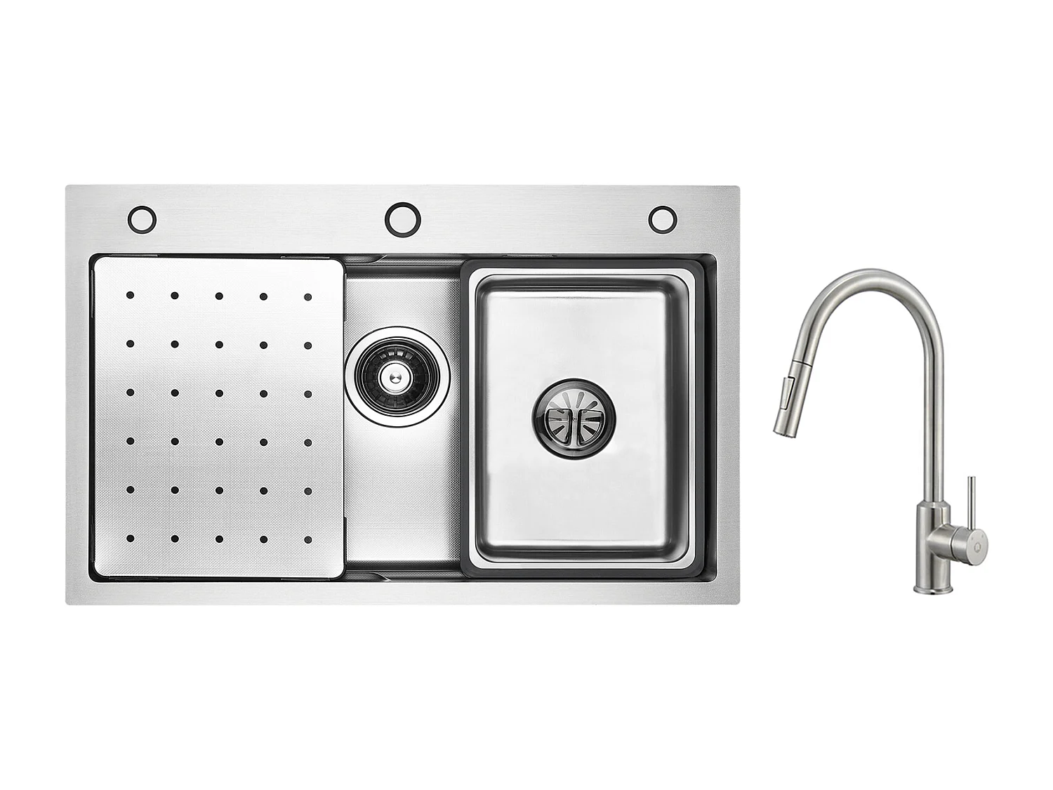 Cecipa max Évier Inox 70×45×21.5CM avec Egouttoir, Vasque et Distributeur de Savon + Mitigeur avec Douchette Extractible 2 Modes de Sortie D'eau