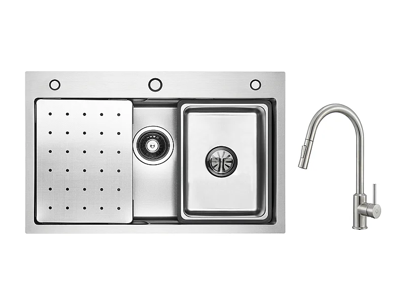 Cecipa max Évier Inox 70×45×21.5CM avec Egouttoir, Vasque et Distributeur de Savon + Mitigeur avec Douchette Extractible 2 Modes de Sortie D'eau