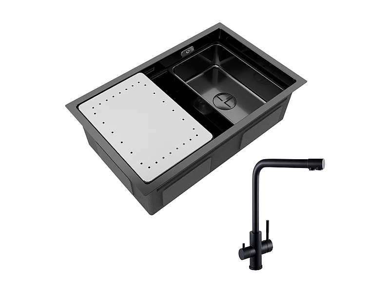 Évier Cuisine 1 Bac 70×44×21CM Évier Inox Noir avec Egouttoir et Vasque + Mitigeur Evier à 3 Voies, 2 Leviers, Noir