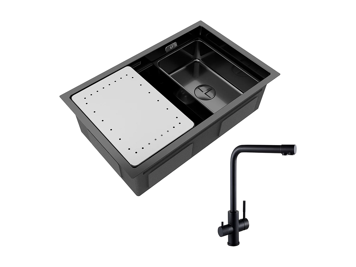 Évier Cuisine 1 Bac 70×44×21CM Évier Inox Noir avec Egouttoir et Vasque + Mitigeur Evier à 3 Voies, 2 Leviers, Noir