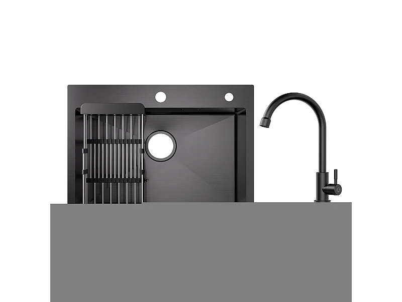60×45×18CM Einzelbecken-Küchenspüle Schwarze Edelstahlspüle mit Ablaufkorb + Kaltwasser-Küchenarmatur,Schwarz