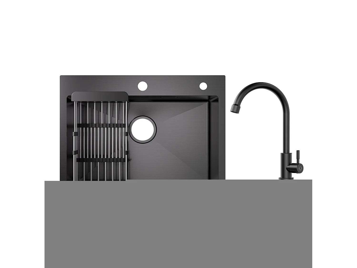 Bowl Kitchen Sink 60×45×18CM Zwart RVS Spoelbak met Afvoermand + Koud Water Keukenkraan, Zwart