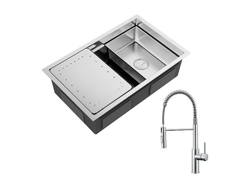 Cecipa max Évier Cuisine 1 Bac 70×44cm Évier à Encastrer Inox Brossé avec Egouttoir et Vasque + Mitigeur à Ressort Brossé avec Douchette Extractible