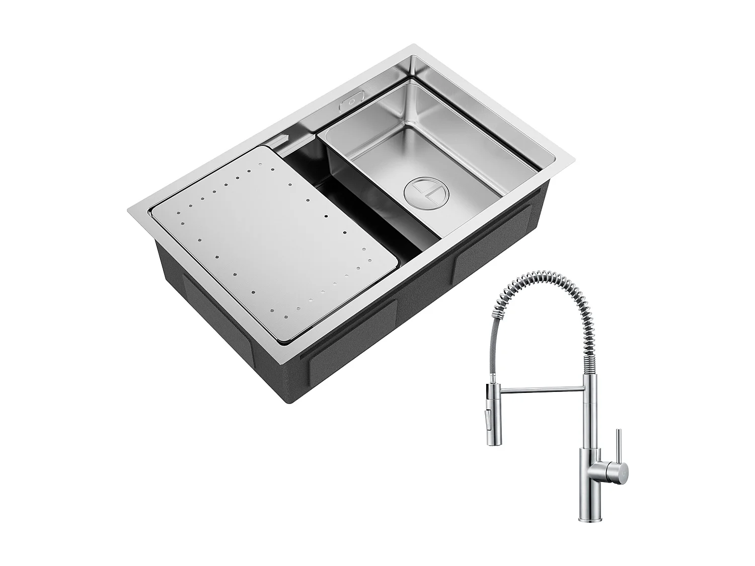 Cecipa max Évier Cuisine 1 Bac 70×44cm Évier à Encastrer Inox Brossé avec Egouttoir et Vasque + Mitigeur à Ressort Brossé avec Douchette Extractible