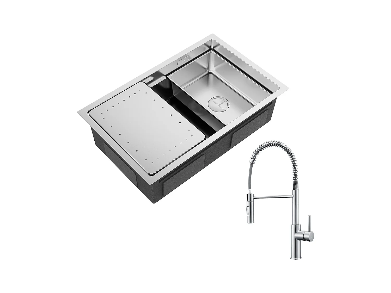 Cecipa max Évier Cuisine 1 Bac 70×44cm Évier à Encastrer Inox Brossé avec Egouttoir et Vasque + Mitigeur à Ressort Brossé avec Douchette Extractible