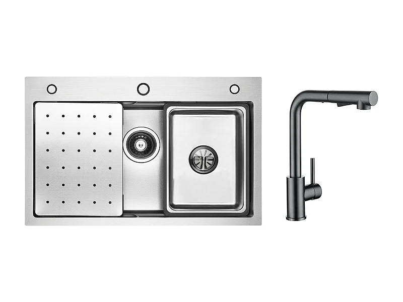 Évier 1 Bac 70×45×21.5CM Évier Inox Argent avec Egouttoir,Vasque, Distributeur de Savon + Mitigeur Cuisine Avec Douchette Extractible