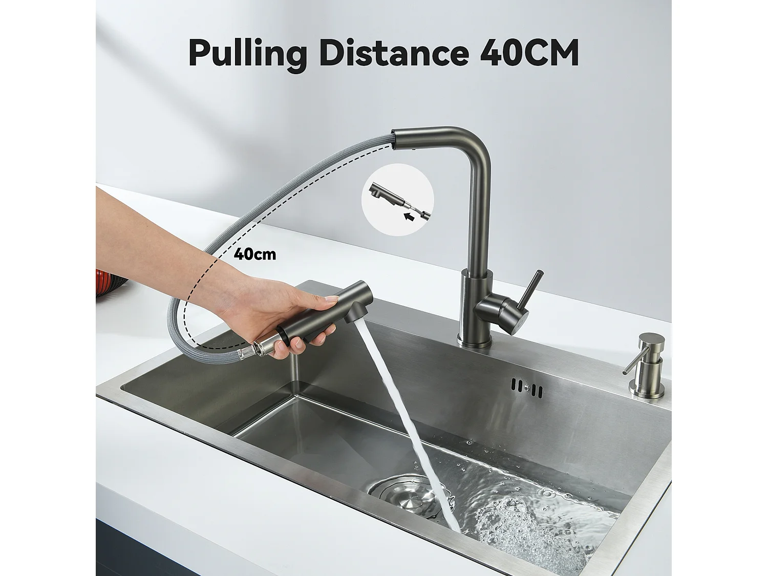 Évier 1 Bac 70×45×21.5CM Évier Inox Argent avec Egouttoir,Vasque, Distributeur de Savon + Mitigeur Cuisine Avec Douchette Extractible