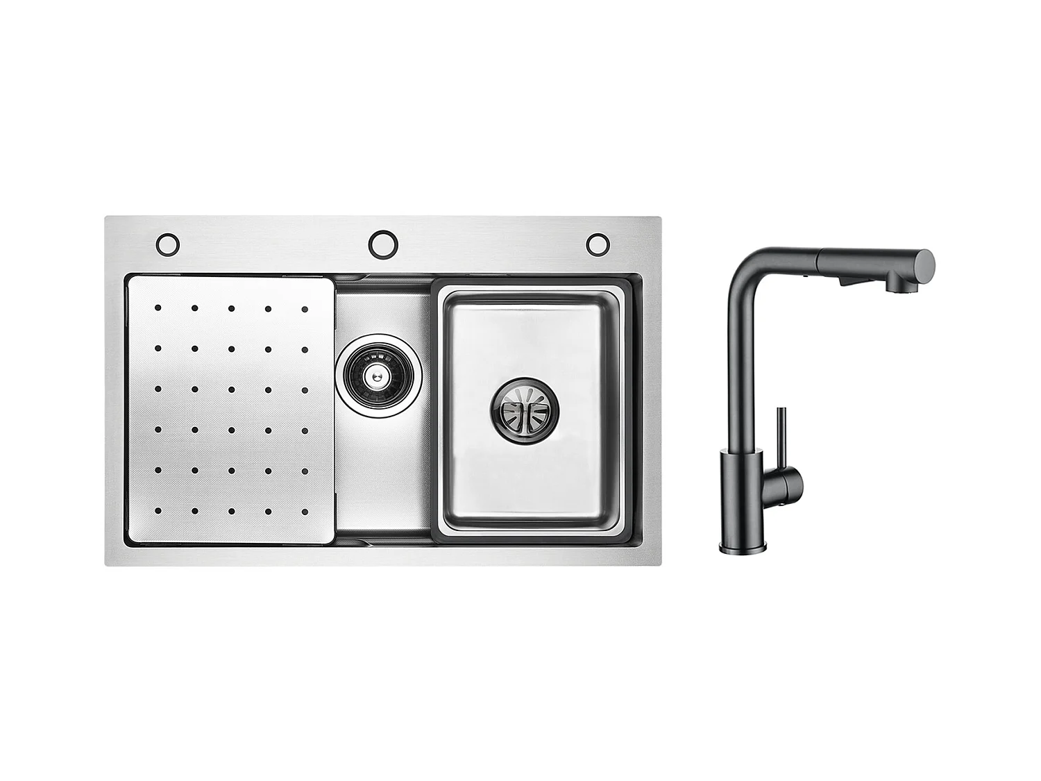Évier 1 Bac 70×45×21.5CM Évier Inox Argent avec Egouttoir,Vasque, Distributeur de Savon + Mitigeur Cuisine Avec Douchette Extractible