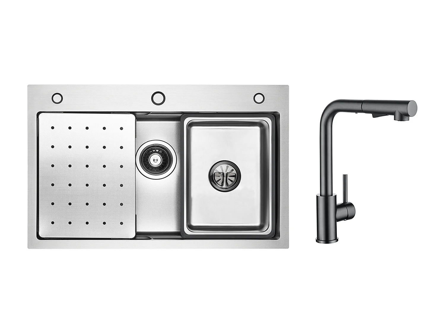 Évier 1 Bac 70×45×21.5CM Évier Inox Argent avec Egouttoir,Vasque, Distributeur de Savon + Mitigeur Cuisine Avec Douchette Extractible