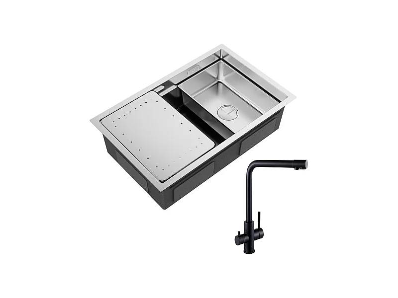 Lavello da cucina a 1 vasca 70×44×21 cm Lavello in acciaio inox spazzolato con gocciolatoio e vasca + miscelatore lavello a 3 vie, 2 leve, nero