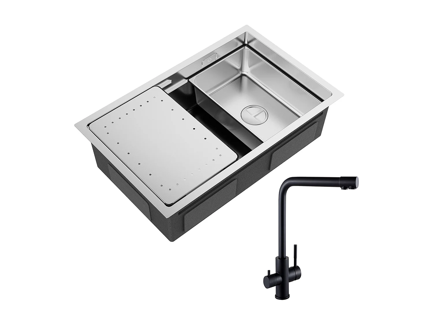 Lavello da cucina a 1 vasca 70×44×21 cm Lavello in acciaio inox spazzolato con gocciolatoio e vasca + miscelatore lavello a 3 vie, 2 leve, nero