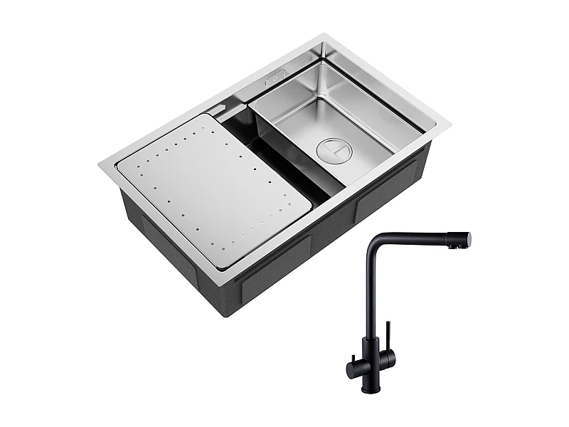 Lavello da cucina a 1 vasca 70×44×21 cm Lavello in acciaio inox spazzolato con gocciolatoio e vasca + miscelatore lavello a 3 vie, 2 leve, nero