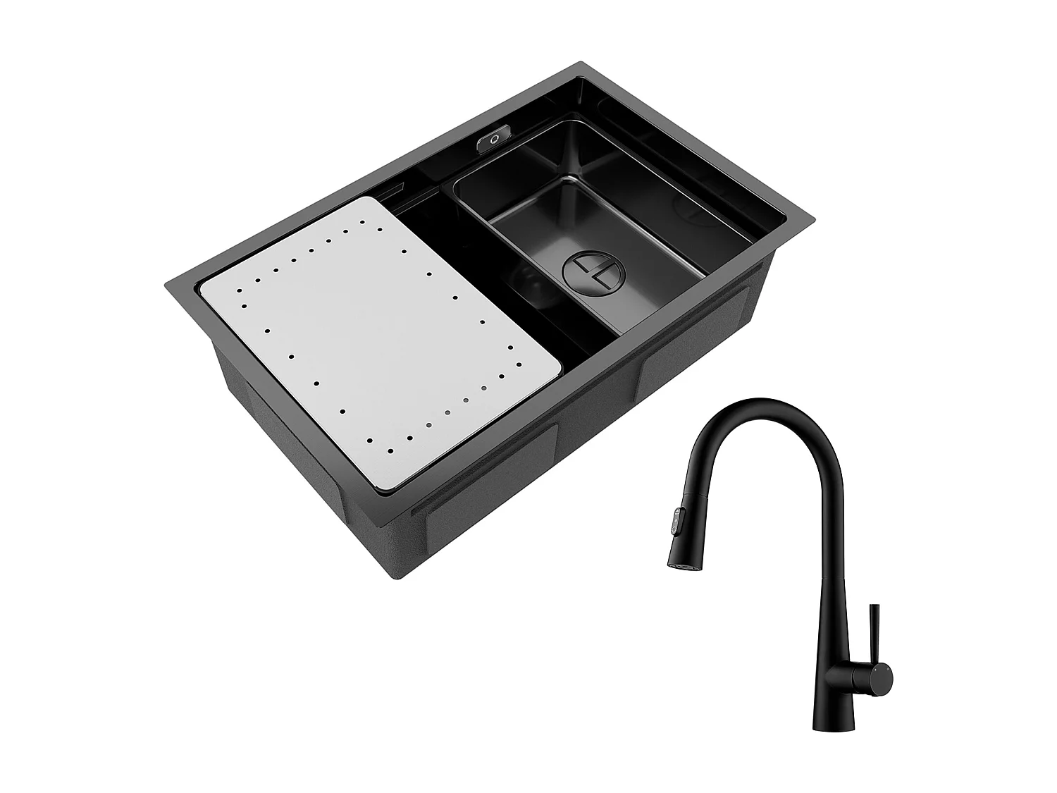 Fregadero de 1 Lavabo 70×44CM Negro Fregadero Encastrable con Escurridor y Lavabo + Grifo Monomando con Ducha Extraíble, 3 Modos de Salida de Agua, Negro