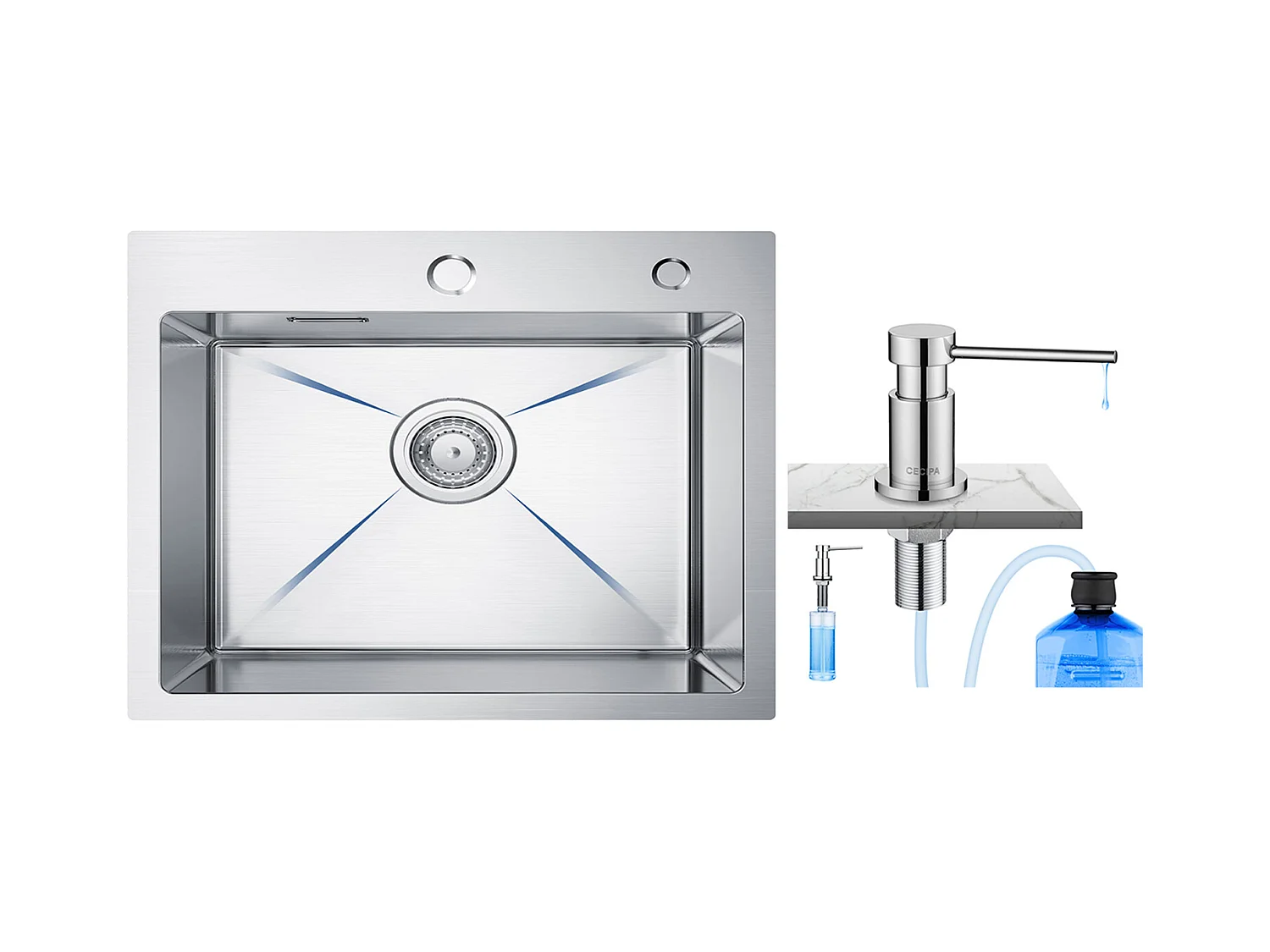 CECIPA MAX Évier Cuisine 1 Bac 50×45×18.5CM Évier Inox Brossé + 300ML Distributeur de Savon de Cuisine Chromé