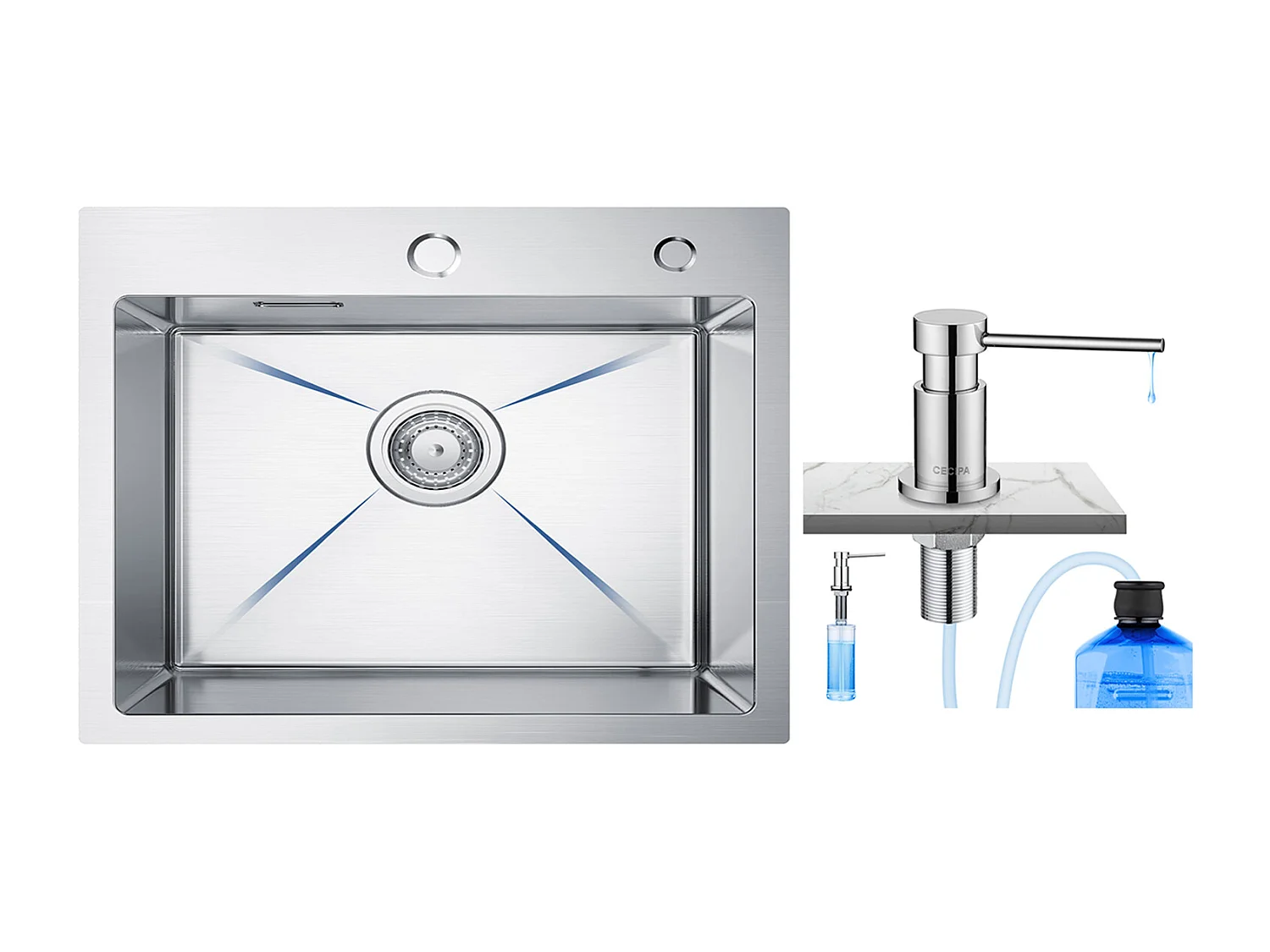 CECIPA MAX Einzelspüle, 50 x 45 x 18,5 cm, Spüle aus gebürstetem Edelstahl + 300 ml Chrom-Seifenspender