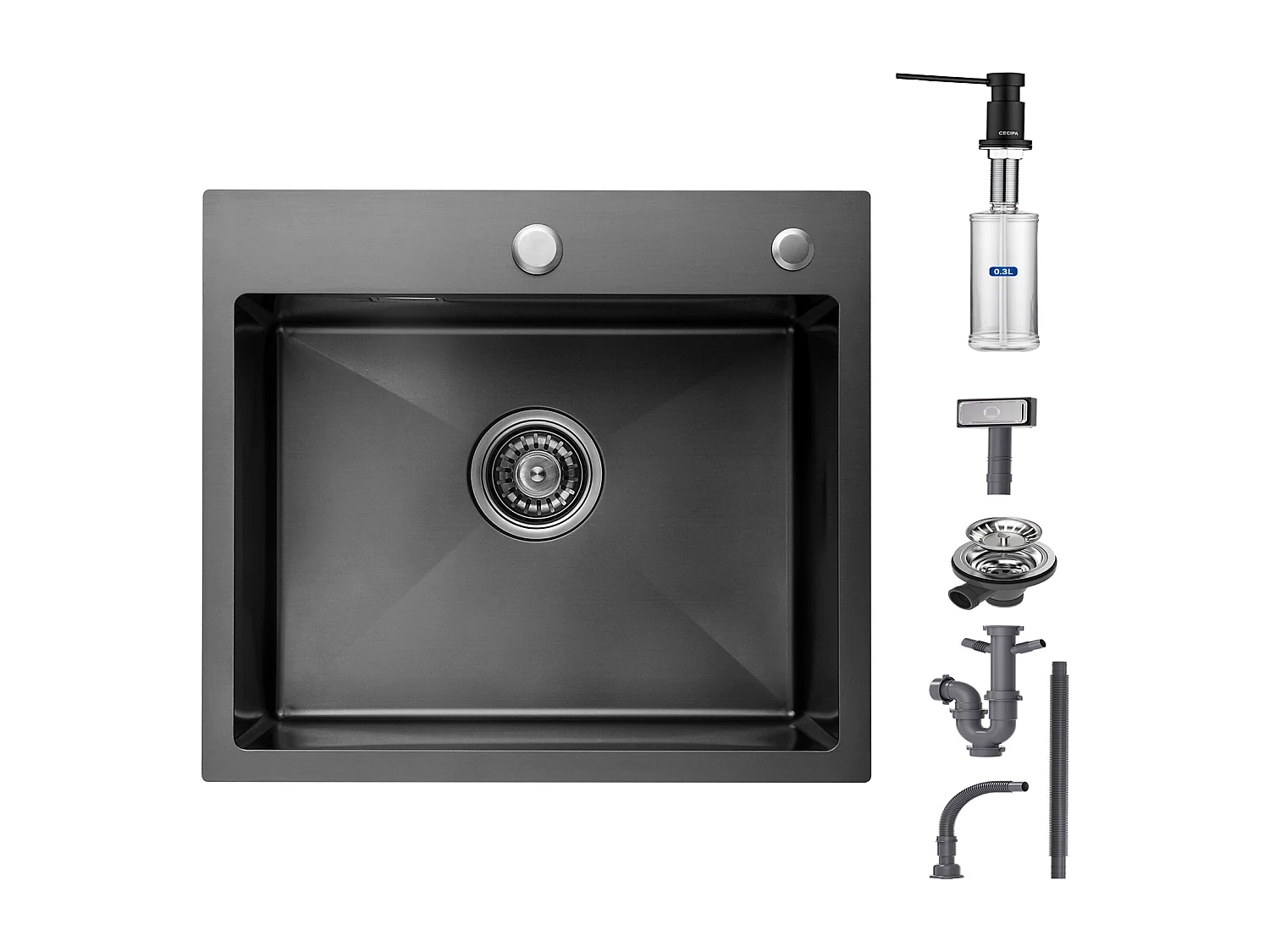 Cecipa max Fregadero de Cocina 2 en 1 + Dispensador de Jabón de Cocina con Recipiente de 300ML Negro