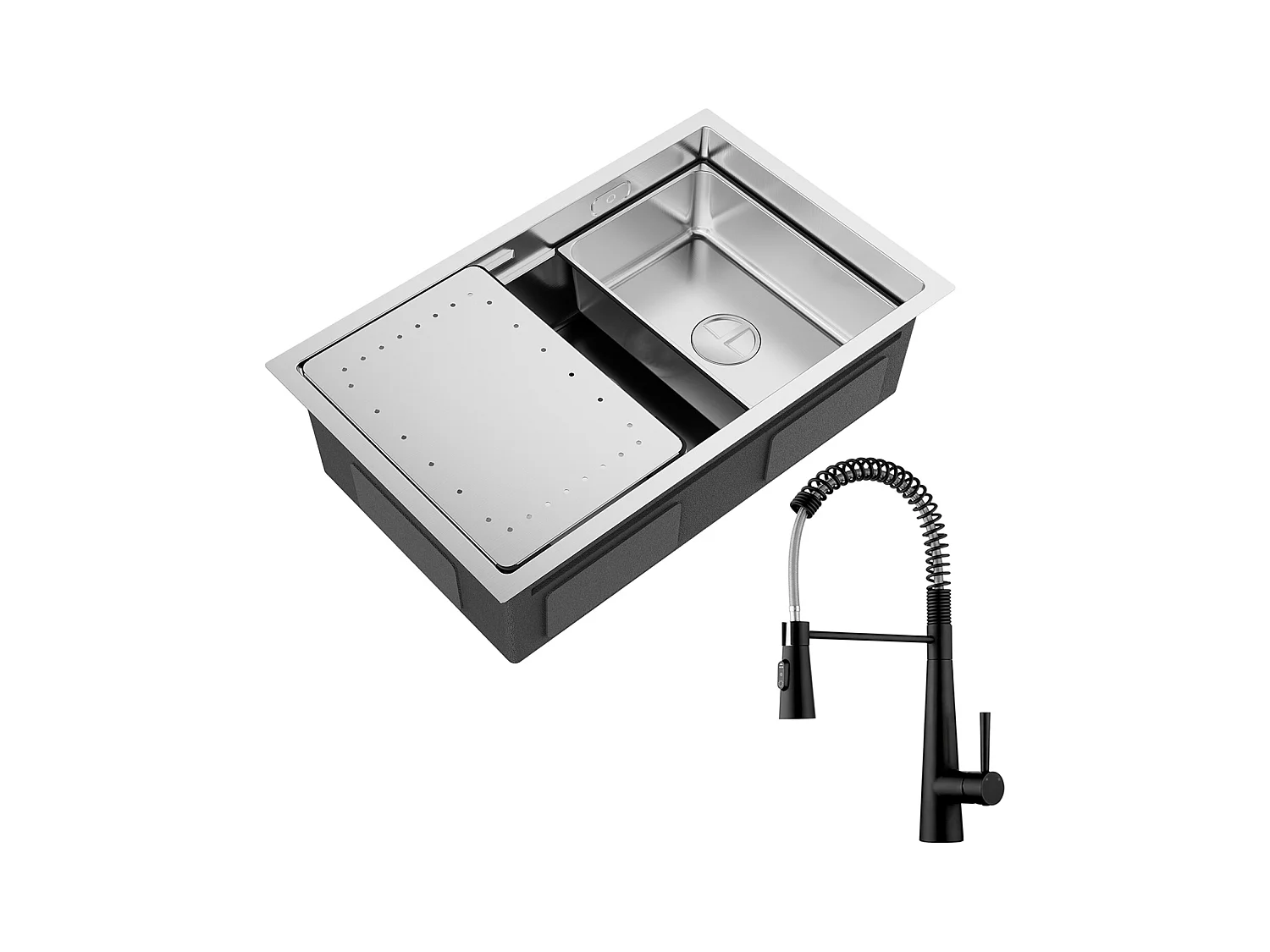 Cecipa max 1 Wastafel 70×44cm Geborsteld RVS Inbouwspoelbak met Afdruiprek en Wastafel + Lente Keukenmengkraan met 3 Waterafvoermodi