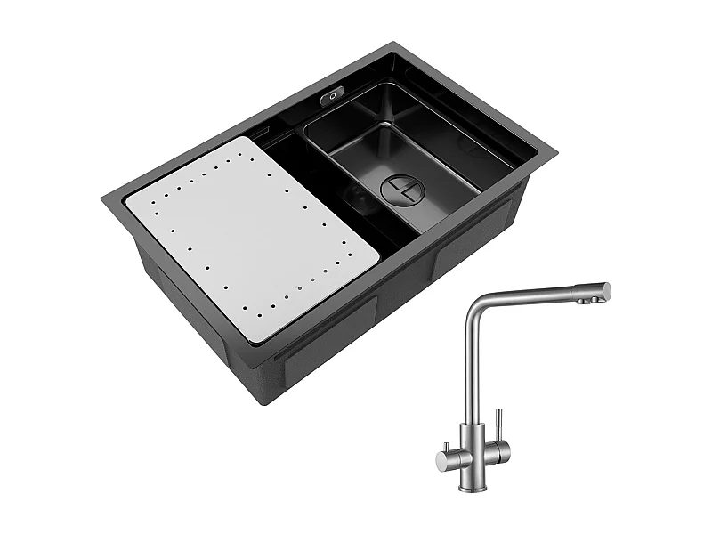 Évier Cuisine 1 Bac 70×44×21CM Évier Inox Noir avec Egouttoir et Vasque + Mitigeur Cuisine pour Sstème D'osmose