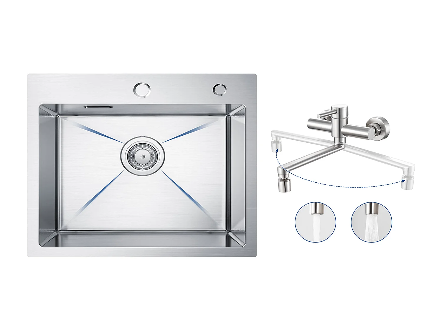 CECIPA MAX Keukenspoelbak 1 Kom 50×45×18,5CM Geborstelde RVS Spoelbak + Wandgemonteerde Keukenmengkraan met 2 Geborstelde Jets