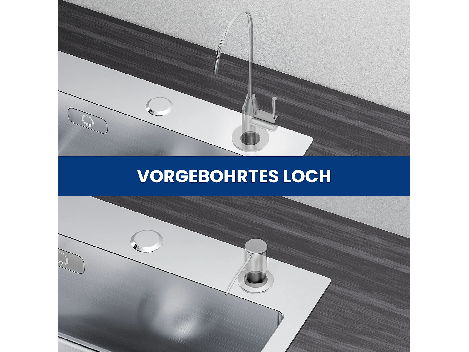 CECIPA MAX Keukenspoelbak 1 Kom 50×45×18,5CM Geborstelde RVS Spoelbak + Wandgemonteerde Keukenmengkraan met 2 Geborstelde Jets