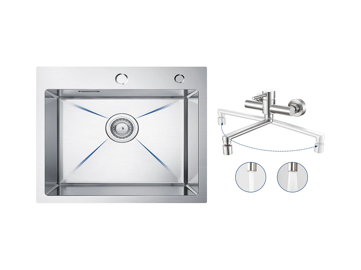 CECIPA MAX Évier Cuisine 1 Bac 50×45×18.5CM Évier Inox Brossé + Mitigeur de Cuisine Mural avec 2 Jets Brossé