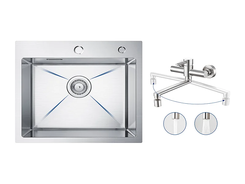 CECIPA MAX Keukenspoelbak 1 Kom 50×45×18,5CM Geborstelde RVS Spoelbak + Wandgemonteerde Keukenmengkraan met 2 Geborstelde Jets