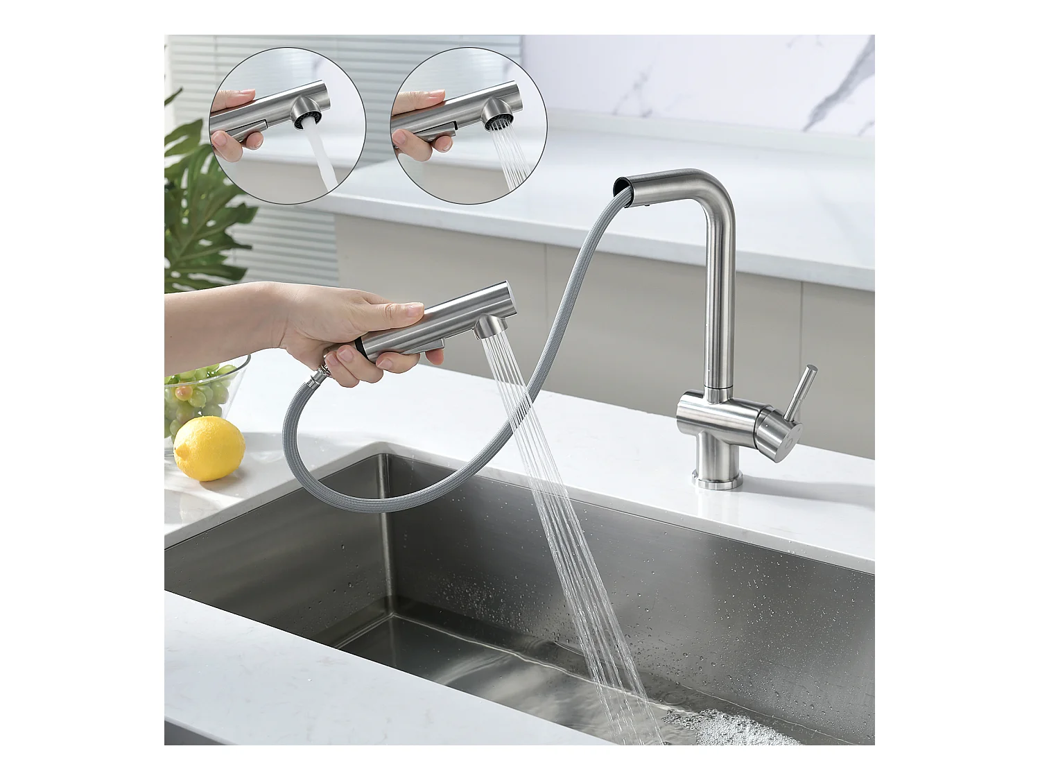 Cecipa max Évier 1 Bac Inox avec Panier de Drainage - Évier de Cuisine Noir 60×45×18 cm + Robinet avec Douchette Mitigeur d'évier Extractible Brossé