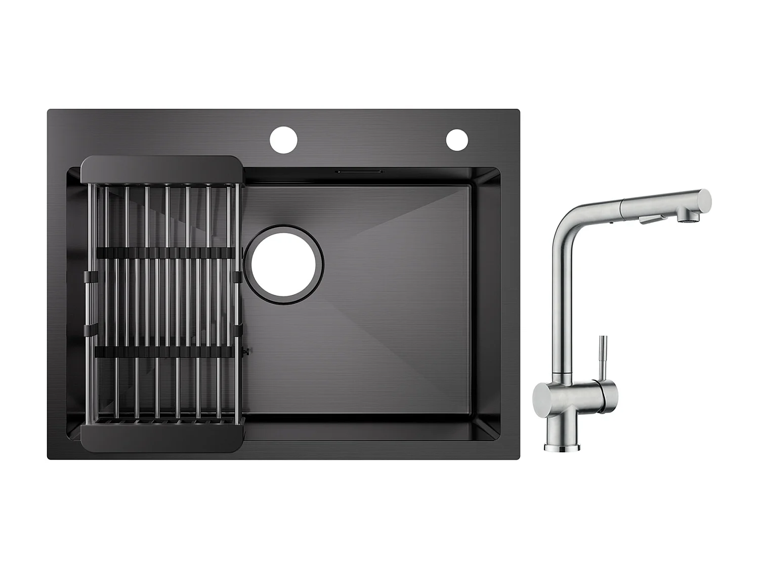 Cecipa max Évier 1 Bac Inox avec Panier de Drainage - Évier de Cuisine Noir 60×45×18 cm + Robinet avec Douchette Mitigeur d'évier Extractible Brossé