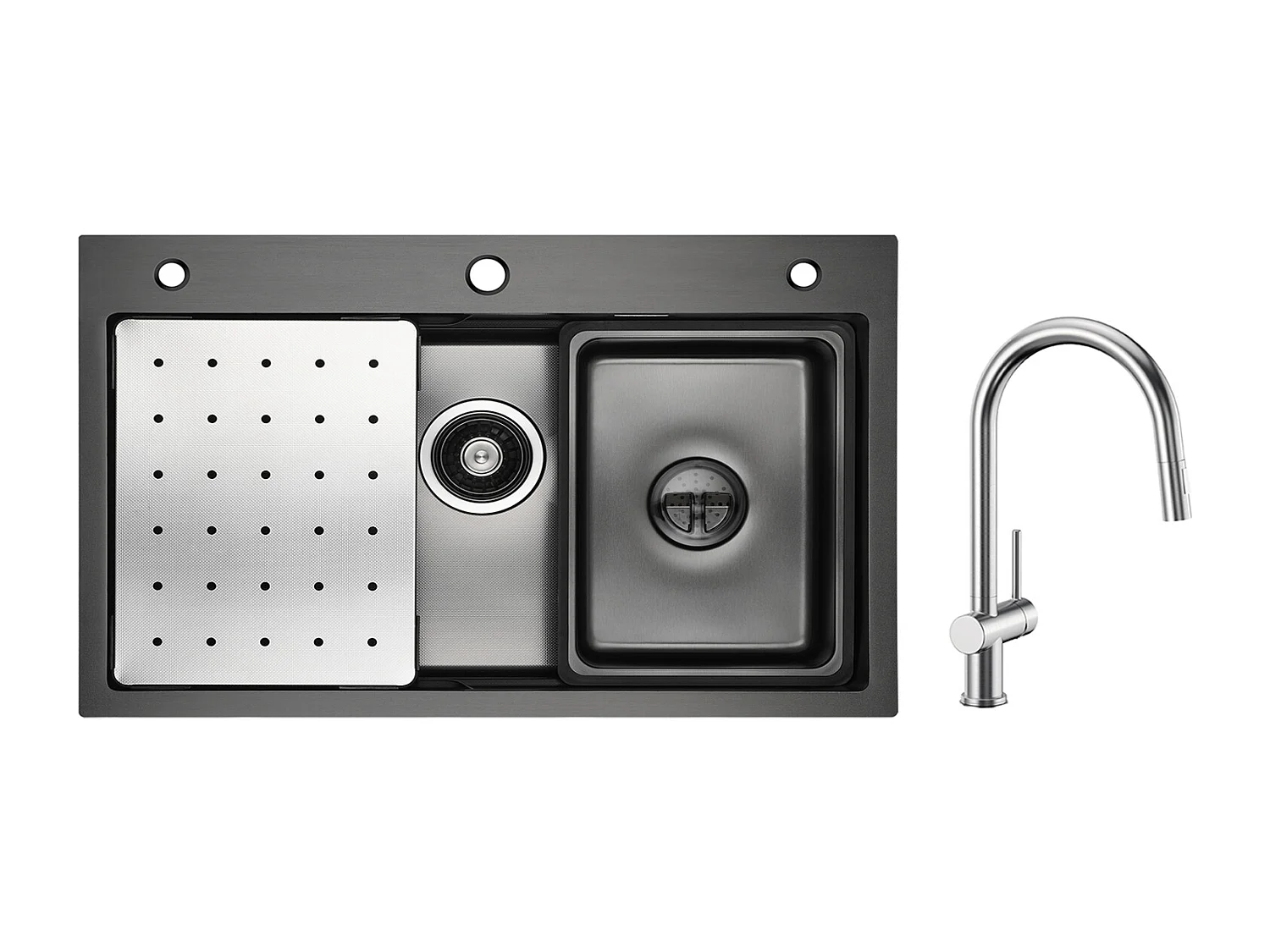 Cecipa max Fregadero de 1 seno 70×45×21,5 cm negro con escurridor, lavabo y dosificador de jabón + Mezclador de cocina con ducha extraíble cepillado