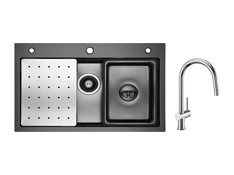 Cecipa max Fregadero de 1 seno 70×45×21,5 cm negro con escurridor, lavabo y dosificador de jabón + Mezclador de cocina con ducha extraíble cepillado