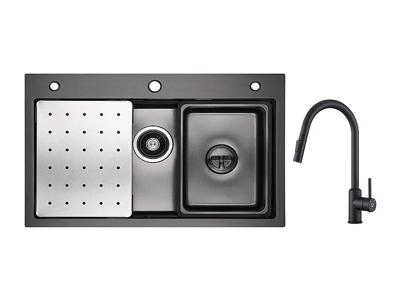 Cecipa max Einzelspüle 70×45×21,5 cm schwarz mit Abtropffläche, Becken und Seifenspender + Küchenmischbatterie mit ausziehbarer Brause schwarz