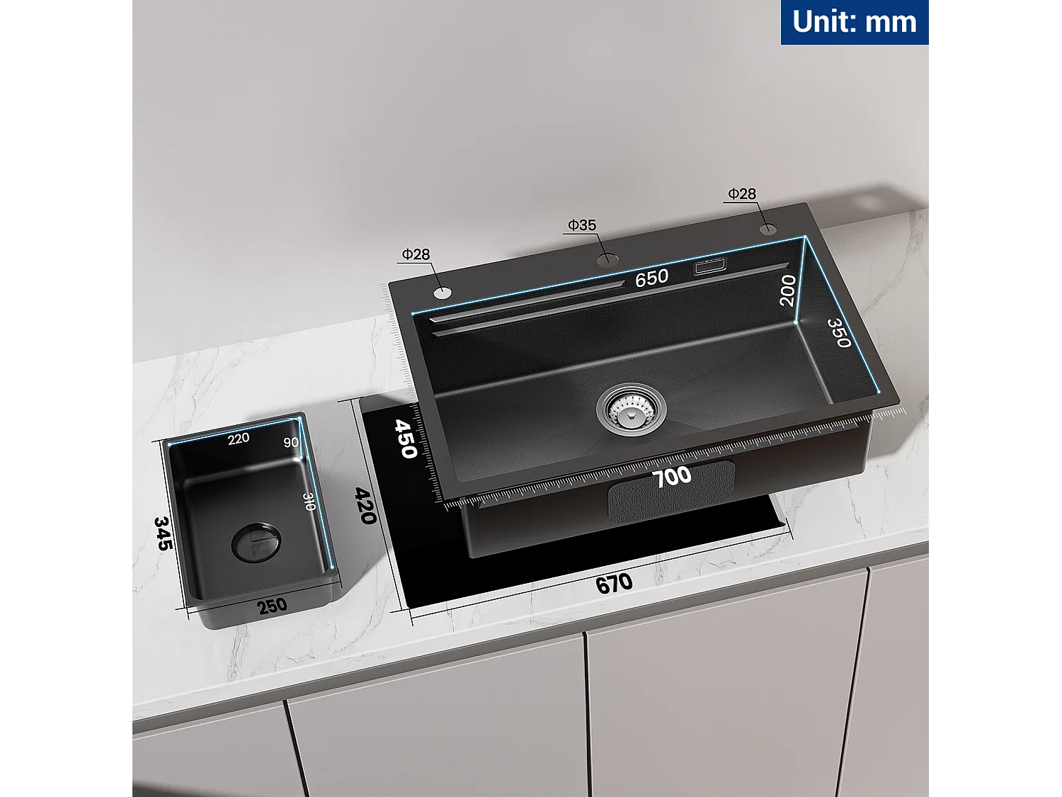 Cecipa max Einzelspüle 70×45×21,5 cm schwarz mit Abtropffläche, Becken und Seifenspender + Küchenmischbatterie mit ausziehbarer Brause schwarz