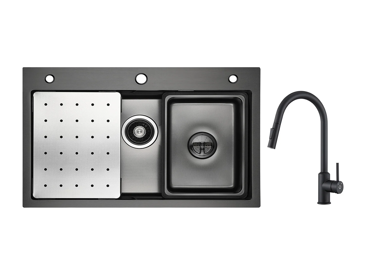 Cecipa max Évier 1 Bac 70×45×21.5CM Noir avec Egouttoir, Vasque et Distributeur de Savon + Mitigeur de Cuisine avec Douchette Extractible Noir