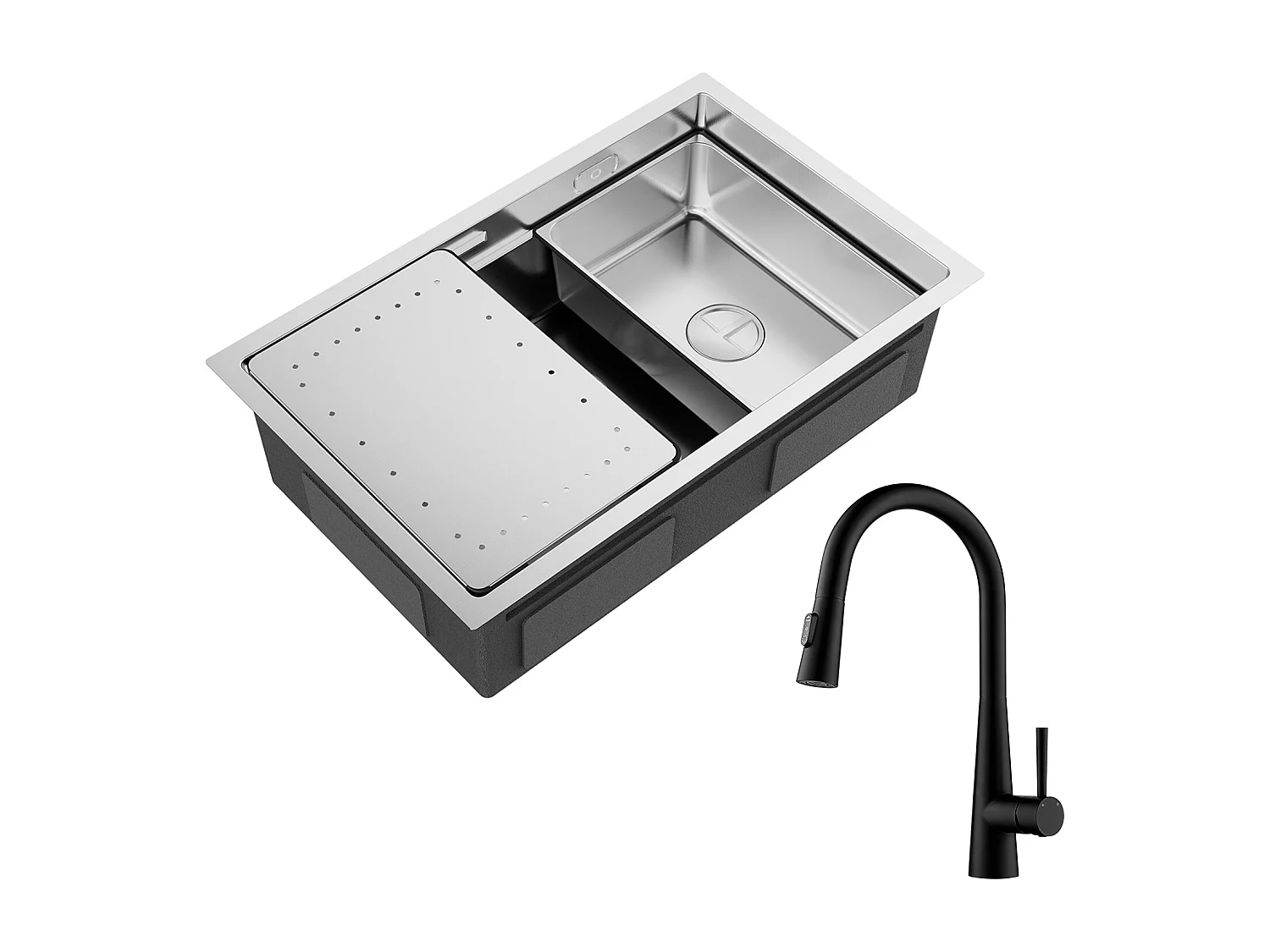 Cecipa max Évier 1 Bac 70×44cm Évier à Encastrer Inox Brossé avec Egouttoir et Vasque + Mitigeur avec Douchette Extractible, 3 Modes de Sortie D'eau