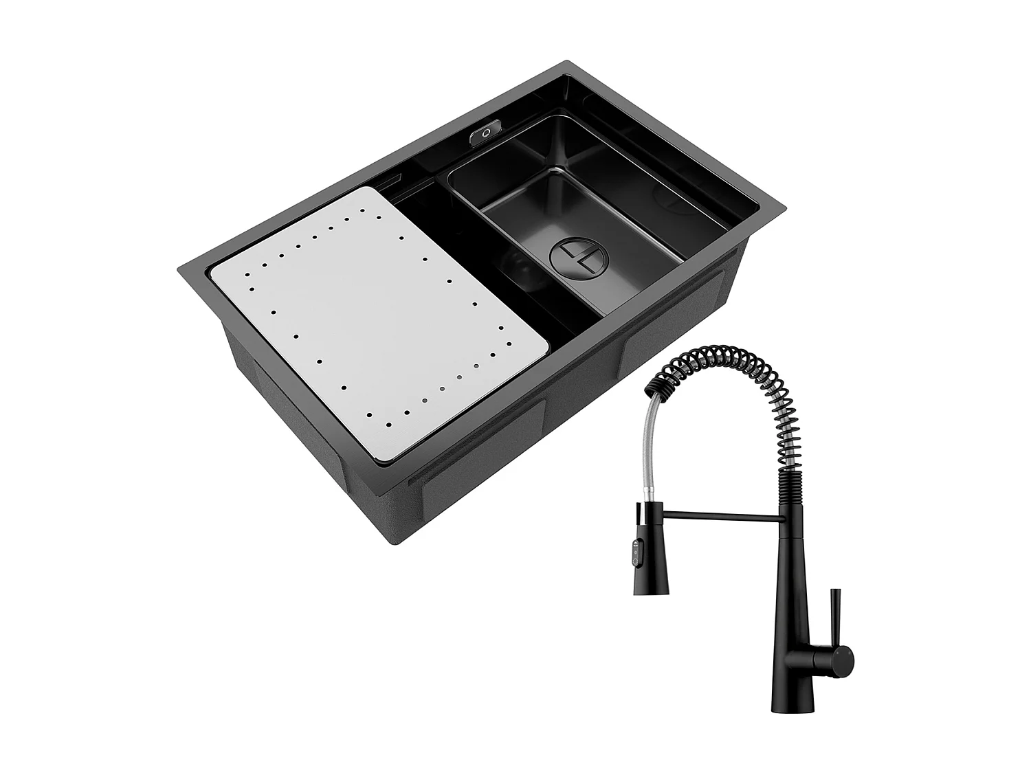 Cecipa max Évier 1 Bac 70×44CM Évier à Encastrer Noir avec Egouttoir et Vasque + Mitigeur de Cuisine à Ressort avec 3 Modes de Sortie D'eau, Noir