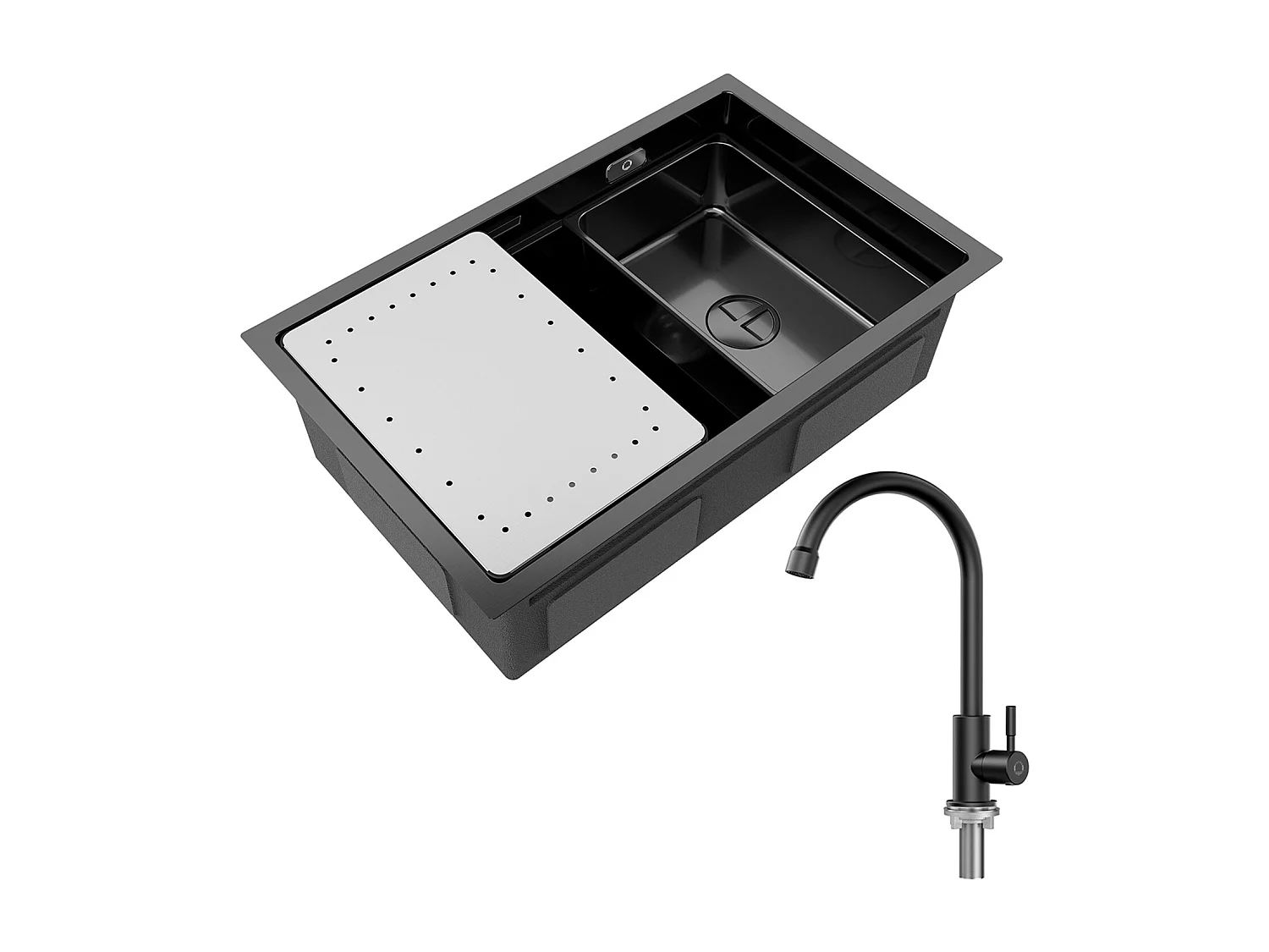 Évier Cuisine 1 Bac 70×44×21CM Évier Inox Noir avec Egouttoir et Vasque + Robinet de Cuisine à eau Froide,Noir