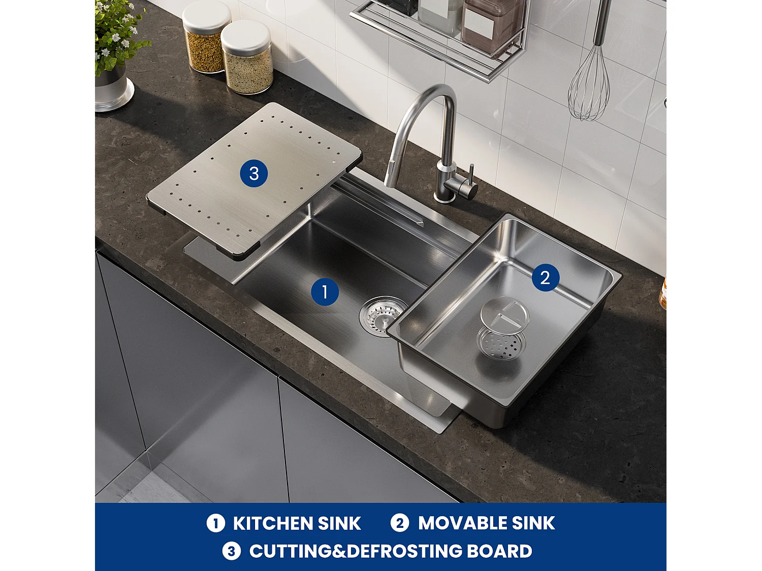 Cecipa max Einzelspüle 70×44cm Edelstahl gebürstet Einbauspüle mit Abtropffläche und Becken + Feder Küchenmischbatterie mit 3 Wasserauslassmodi, gebürstet