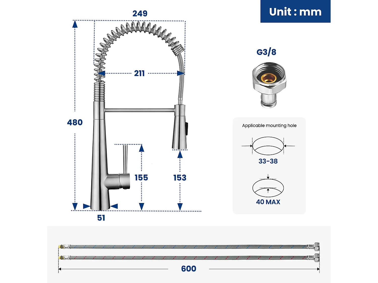 Cecipa max Einzelspüle 70×44cm Edelstahl gebürstet Einbauspüle mit Abtropffläche und Becken + Feder Küchenmischbatterie mit 3 Wasserauslassmodi, gebürstet