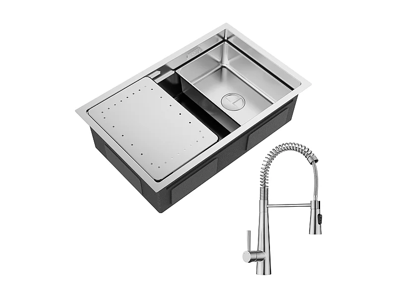 Cecipa max Einzelspüle 70×44cm Edelstahl gebürstet Einbauspüle mit Abtropffläche und Becken + Feder Küchenmischbatterie mit 3 Wasserauslassmodi, gebürstet