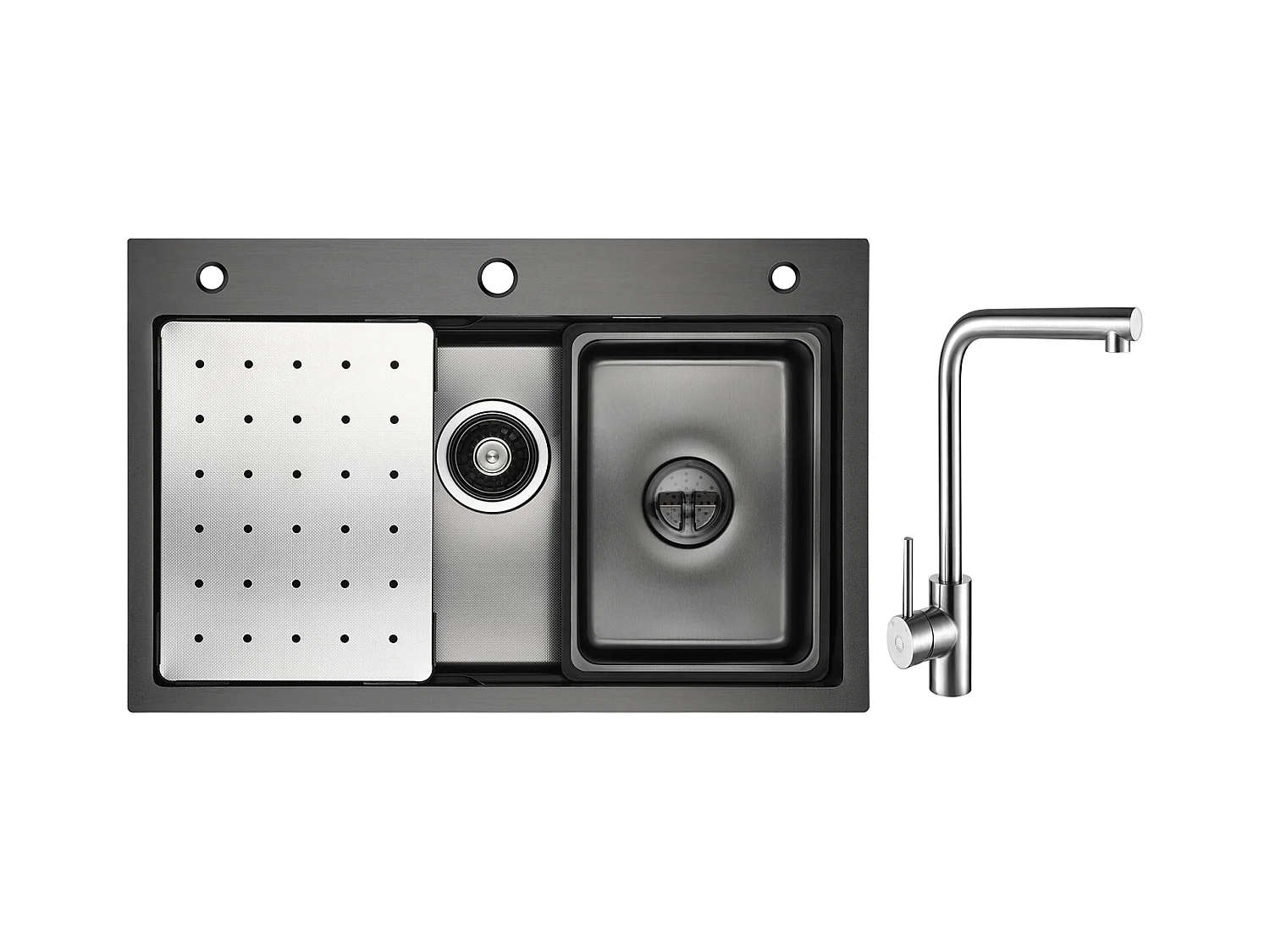 Évier de Cuisine 1 Cuve 70×45cm + Egouttoir + Vasque + Distributeur de Savon + Mitigeur de Evier Rrotatif à 360 ° Brossé