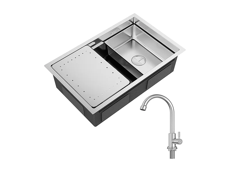 Fregadero de cocina 1 seno 70 × 44 × 21 CM Fregadero de acero inoxidable cepillado con escurridor y lavabo + grifo de cocina de agua fría, cepillado