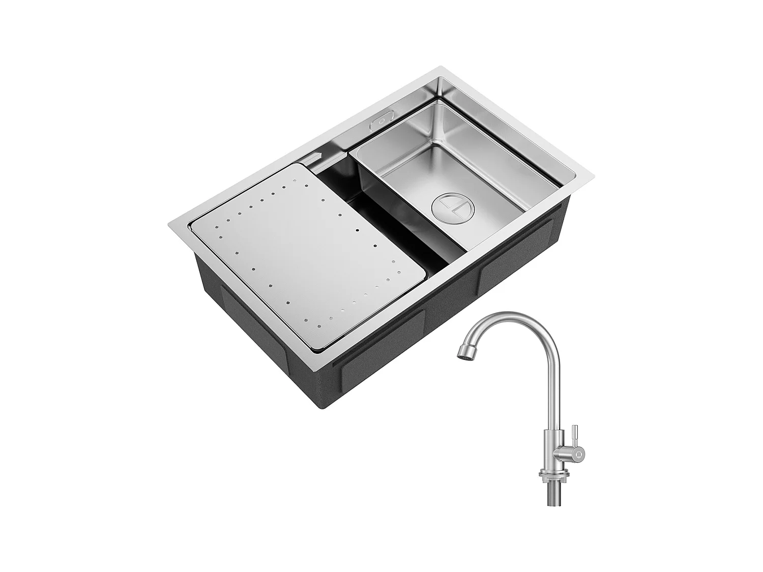 Fregadero de cocina 1 seno 70 × 44 × 21 CM Fregadero de acero inoxidable cepillado con escurridor y lavabo + grifo de cocina de agua fría, cepillado