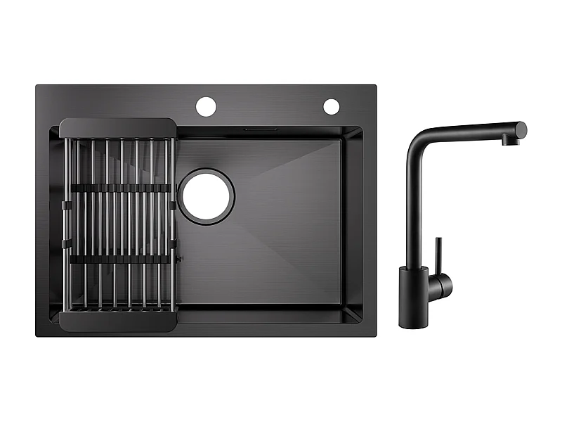 Lavello da cucina 1 vasca 60×45×18 cm Lavello in acciaio inox nero con cestello di scarico + miscelatore lavello nero ruotabile a 360°