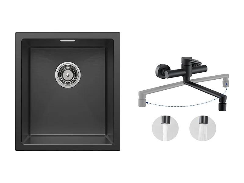 CECIPA MAX Évier Inox 40*44*19 cm Évier 1 Bac Évier de Cuisine Noir + Mitigeur de Cuisine Mural avec 2 Jets Noir