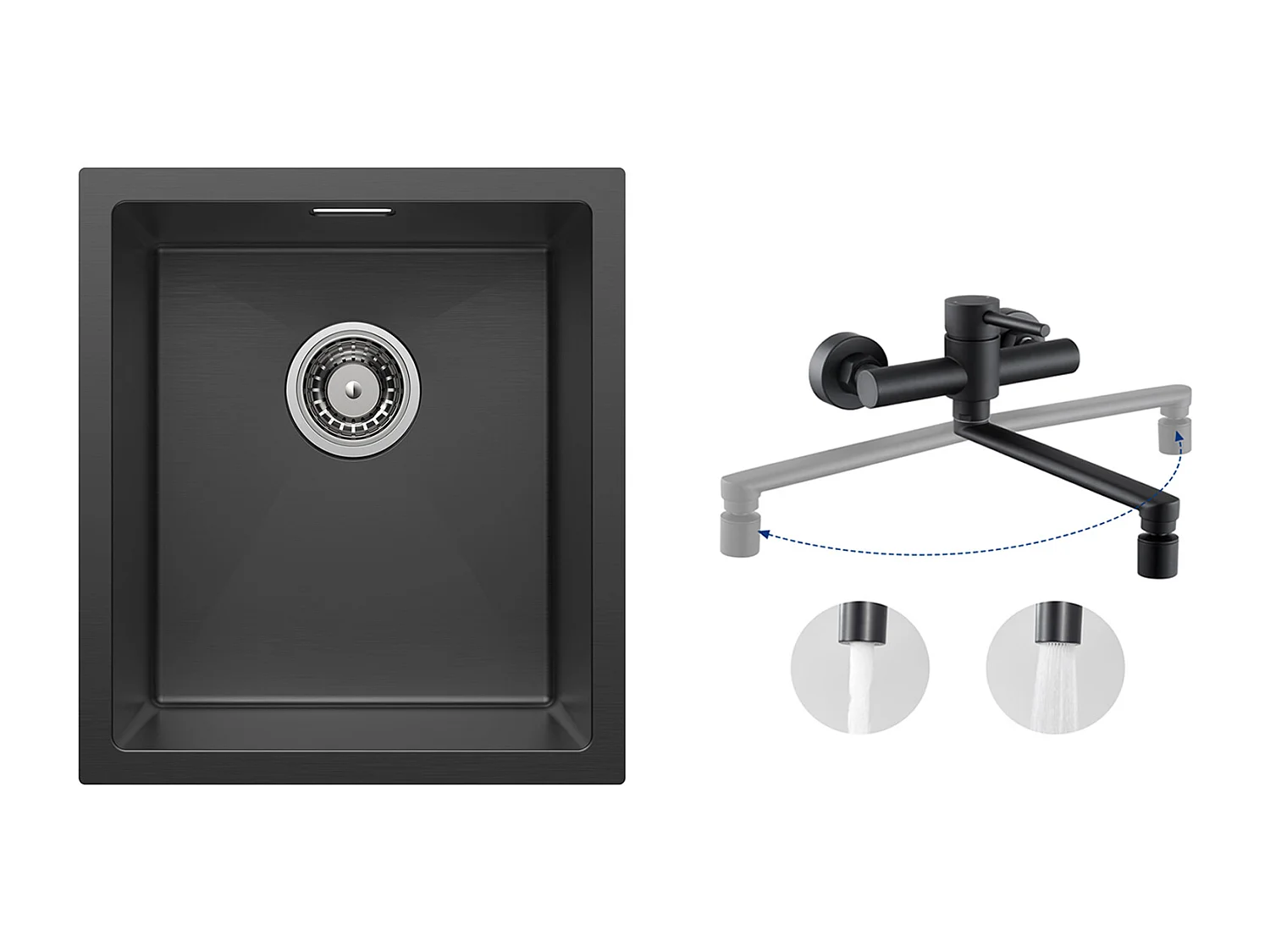 CECIPA MAX Évier Inox 40*44*19 cm Évier 1 Bac Évier de Cuisine Noir + Mitigeur de Cuisine Mural avec 2 Jets Noir