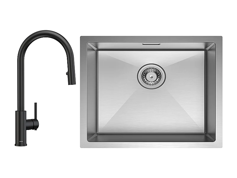 CECIPA MAX Évier Inox Encastré 40*44cm Évier de Cuisine 1 Bac Brossé + Mitigeur de Cuisine Avec Douchette Extractible, 2 Modes de Sortie D'eau, Noir